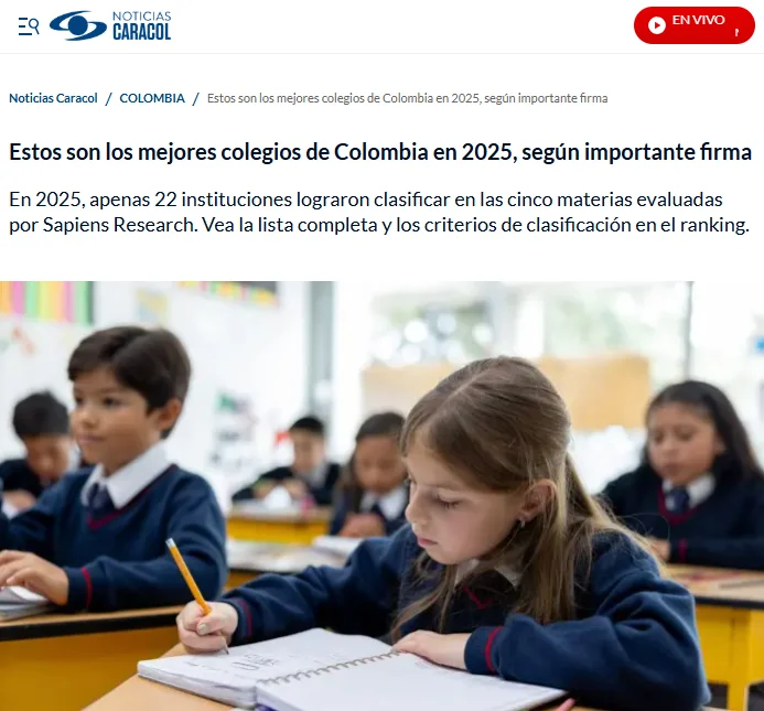 Artícuo en Caracol Noticias sobre los mejores 22 colegios en Colombia